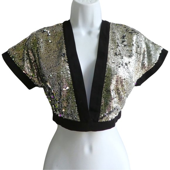 Superdown Sequin Crop Top Plunging V Neckline Square Cutout Back Disco Ball M - Picture 3 of 10